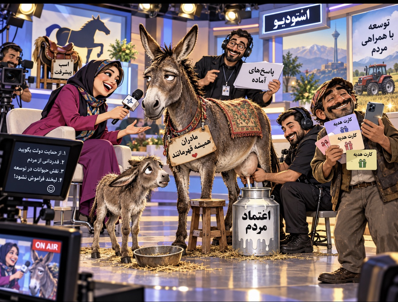 A satirical illustration of an interview with Mrs Donkey in a television studio, alongside her foal; artwork accompanying Part One by S. Rouzbeh
