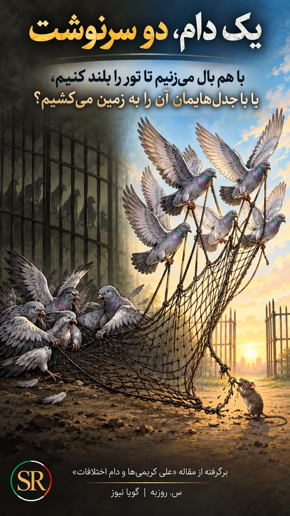 Author-supplied illustration for “The Ali Karimis of This World and the Trap of Division”: doves lift a net together while others fight inside it, and a mouse gnaws its cords. Persian text: “One trap, two fates. Do we flap our wings together to lift the net, or drag it to the ground with our disputes?”