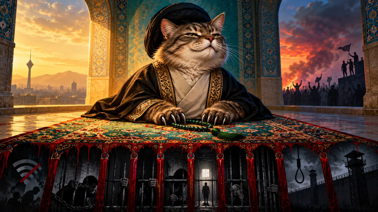 The original article illustration: a cat in clerical robes with exposed claws and prayer beads, above prison cells, a gallows and a symbol of an internet shutdown.