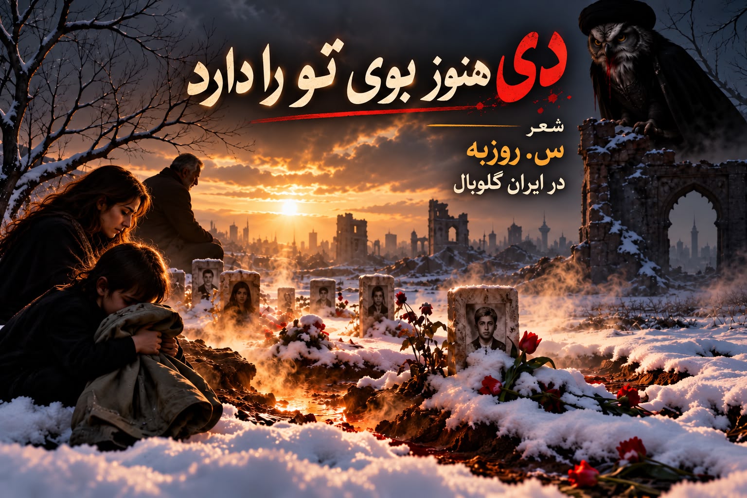 Illustration accompanying “Dey Still Carries Your Scent”: blood warming the snow and an ominous owl, evoking mourning and resistance.